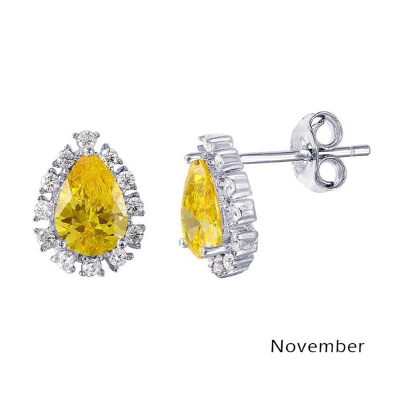 Sterling Silver 925 Rhodium Plated Teardrop Halo CZ Birthstone Earrings November